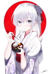Rule 34 | 1girl, bowl, chopsticks, commentary request, eating, floral print, flower, food, furisode, grey eyes, grey flower, hair between eyes, hair flower, hair ornament, highres, holding, holding bowl, holding chopsticks, japanese clothes, kimono, long hair, long sleeves, mochi, neku (neku draw), obi, original, print kimono, red background, sash, signature, solo, two-tone background, white background, white hair, white kimono, wide sleeves