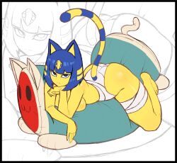 Rule 34 | 1girl, absurdres, animal crossing, ankha (animal crossing), ass, blue eyes, blue hair, bob cut, body pillow, crossover, don-chan (taiko no tatsujin), drum, furry, highres, instrument, looking at another, lying, nintendo, on stomach, picote, pictoe, pillow, short hair, solo, straddling, striped tail, taiko drum, taiko no tatsujin, tail, thick thighs, thighs, topless, wada don, yellow fur