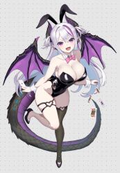 Rule 34 | 1girl, animal ears, black horns, black leotard, blush, card, covered navel, curio (curiofinity), demon girl, demon horns, demon tail, demon wings, detached collar, fake animal ears, fake tail, high heels, highleg, highleg leotard, highres, horns, leotard, long hair, multicolored hair, open mouth, original, playboy bunny, playing card, pointy ears, purple eyes, purple hair, rabbit ears, rabbit tail, single thighhigh, smile, solo, strapless, strapless leotard, streaked hair, tail, thigh strap, thighhighs, white hair, wings, wrist cuffs