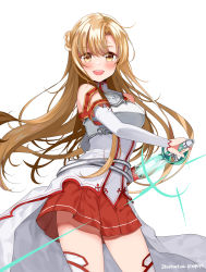 Rule 34 | 1girl, :d, armor, asuna (sao), bare shoulders, blush, braid, breastplate, breasts, brown eyes, brown hair, commentary request, cowboy shot, detached sleeves, floating hair, french braid, highres, holding, holding sword, holding weapon, long hair, long sleeves, looking at viewer, medium breasts, miniskirt, open mouth, piyopoyo, pleated skirt, red skirt, sheath, simple background, skirt, smile, solo, sword, sword art online, thighhighs, twitter username, very long hair, weapon, white background, white sleeves, white thighhighs