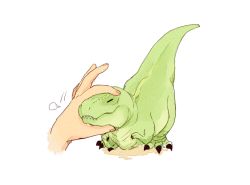 Rule 34 | puff of air, animal focus, claws, closed mouth, dinosaur, disembodied hand, closed eyes, full body, miniature, motion lines, original, sharp teeth, simple background, standing, teeth, tyrannosaurus rex, white background, yoichi sogou