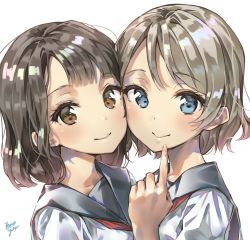 Rule 34 | 2girls, bad id, bad pixiv id, blue eyes, brown eyes, brown hair, commentary request, grey hair, highres, looking at viewer, love live!, love live! sunshine!!, multiple girls, saitou shuka, school uniform, short hair, sidelocks, signature, smile, takenoko no you, upper body, uranohoshi school uniform, voice actor, voice actor connection, watanabe you, white background