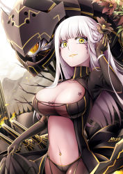 Rule 34 | 1girl, abyssal ship, areola slip, artist name, battleship m class, blunt bangs, breasts, cleavage, facial tattoo, flower, hair flower, hair ornament, large breasts, long hair, looking at viewer, monster, mtyy, navel, navel piercing, parted lips, piercing, sweat, tattoo, turtleneck, warship girls r, white hair, yellow eyes