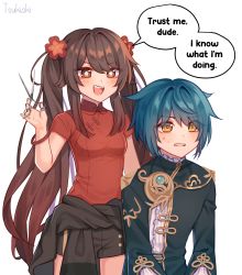 Rule 34 | 1boy, 1girl, absurdres, artist name, black nails, black shorts, blue hair, breasts, brown hair, chinese clothes, clothes around waist, colored tips, english text, flower, flower-shaped pupils, frilled sleeves, frills, genshin impact, hair flower, hair ornament, highres, holding, holding scissors, hu tao (genshin impact), jacket, jacket around waist, jewelry, long sleeves, multicolored hair, multiple rings, nail polish, open mouth, ring, scissors, short shorts, short sleeves, shorts, sidelocks, small breasts, speech bubble, sweatdrop, symbol-shaped pupils, tsukiaki teriyaki, white background, wide sleeves, xingqiu (genshin impact), yellow eyes