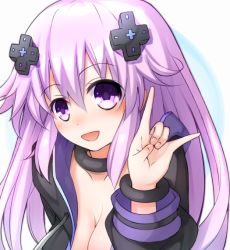 Rule 34 | 1girl, :d, \n/, adult neptune, bad id, bad pixiv id, blush, breasts, choker, cleavage, commentary request, d-pad, d-pad hair ornament, doria (p f dolia), fox shadow puppet, hair ornament, hood, hooded jacket, jacket, long hair, looking at viewer, medium breasts, neptune (series), open mouth, purple eyes, purple hair, shin jigen game neptune vii, smile, solo
