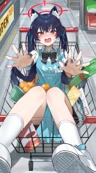 Rule 34 | 1girl, absurdres, animal ear fluff, animal ears, apron, black bow, black bowtie, black hair, blue apron, blue archive, blue ribbon, blush, bow, bowtie, employee uniform, fang, food, fruit, gonggo, hair ribbon, halo, highres, long hair, looking at viewer, open mouth, orange (fruit), red eyes, red halo, ribbon, serika (blue archive), shoes, socks, solo, thighs, twintails, white footwear, white socks