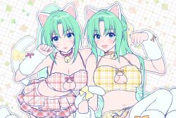 Rule 34 | 2girls, :p, animal ears, arm warmers, bare shoulders, blush, breasts, cat ears, cat tail, cleavage, collarbone, cowboy shot, earrings, fingernails, green eyes, green hair, highres, higurashi no naku koro ni, jewelry, large breasts, long hair, looking at viewer, multiple girls, navel, nonanonnon6u6, open mouth, ponytail, siblings, sidelocks, simple background, sisters, skirt, smile, sonozaki mion, sonozaki shion, stomach, striped clothes, striped skirt, tail, tongue, tongue out, twins