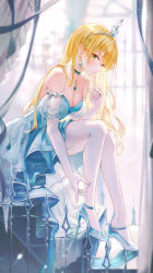 Rule 34 | 1girl, bare shoulders, blonde hair, blurry, blurry background, blush, breasts, choker, cinderella (grimlight), collarbone, detached sleeves, dress, earrings, elbow gloves, from side, gloves, green dress, green eyes, grimlight, hand up, heart, highres, index finger raised, jewelry, large breasts, necklace, pantyhose, sitting, smile, solo, strapless, strapless dress, tiara, tokkyu, white gloves, white pantyhose, white sleeves