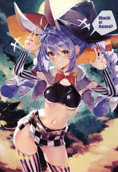 Rule 34 | +++, 1girl, absurdres, alternate costume, animal ear fluff, animal ears, arms up, blue hair, blush, bow, bowtie, braid, breasts, capelet, carrot hair ornament, checkered clothes, checkered skirt, closed mouth, crop top, demon tail, detached sleeves, extra ears, food-themed hair ornament, full moon, fur-trimmed capelet, fur trim, hair between eyes, hair bow, hair ornament, haruhina purple, hat, highres, hololive, leaning to the side, long hair, long sleeves, medium breasts, miniskirt, moon, nail polish, navel, night, night sky, orange bow, orange bowtie, rabbit ears, red eyes, red nails, romaji text, short eyebrows, skirt, sky, smile, solo, stomach, striped clothes, striped thighhighs, tail, thick eyebrows, thighhighs, twin braids, twintails, underboob, usada pekora, vertical-striped clothes, vertical-striped thighhighs, virtual youtuber, white bow, witch hat