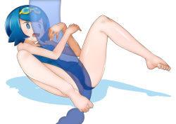 Rule 34 | 1girl, ass, barefoot, blue eyes, blue hair, breasts, creatures (company), feet, female focus, game freak, grabbing, hug, lana (pokemon), lying, moaning, nemimini, nintendo, one-piece swimsuit, open mouth, partially visible vulva, pokemon, pokemon sm, saliva, school swimsuit, shiny skin, short hair, small breasts, solo, spread legs, swimsuit, tentacles, toes