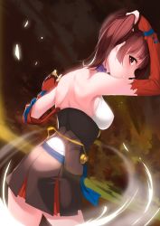 Rule 34 | 1girl, abstract background, absurdres, adjusting hair, aowltus209, back, bad id, bad twitter id, blue ribbon, breasts, brown hair, choker, cowboy shot, elbow gloves, from behind, gloves, glowing, hair tie, highres, kaban (kemono friends), kemono friends, long hair, miniskirt, mumei (kabaneri), pleated skirt, red eyes, red gloves, ribbon, sideboob, skirt, solo, twintails, yellow background