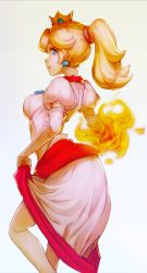 Rule 34 | 1girl, arched back, berg-yb, blonde hair, blue eyes, clothes lift, crown, dress, dress lift, earrings, elbow gloves, fire, gloves, gradient background, jewelry, long hair, looking back, mario (series), nintendo, pink dress, ponytail, princess peach, smile, solo, super mario 3d world