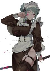 Rule 34 | 1girl, apron, aqua hair, black dress, blood, blood on face, dress, frilled apron, frills, garter straps, maid, maid apron, maid headdress, original, pink blood, pink pupils, purple eyes, sword, thick thighs, thighhighs, thighs, unconventional maid, waist apron, weapon, white apron, yuuhi homare