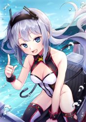 Rule 34 | 1girl, azur lane, blue eyes, blurry, blurry background, blush, breasts, cleavage, cloud, collarbone, commentary request, day, hair between eyes, headband, highres, long hair, looking at viewer, ocean, open mouth, riding, silver hair, sky, small breasts, solo, swimsuit, thighhighs, u-522 (azur lane), utata (122), water drop, watercraft