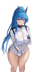 Rule 34 | 1girl, arm under breasts, bikini, bikini under clothes, blue bikini, blue eyes, blue hair, braid, breasts, covering crotch, covering privates, dorp, frown, gloves, goddess of victory: nikke, hair intakes, headgear, helm (aqua marine) (nikke), helm (nikke), highres, holding own arm, large breasts, long hair, looking at viewer, official alternate costume, ponytail, see-through, see-through shirt, shirt, side-tie bikini bottom, simple background, solo, swimsuit, thick thighs, thighs, wet, wet clothes, wet shirt, white background, white gloves, white shirt
