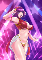 Rule 34 | 1girl, adapted costume, armpits, artist name, asamiya athena, athena (series), bare shoulders, bikini, breasts, cleavage, commentary request, fingernails, hair ornament, hairband, hand up, highleg, highleg bikini, highres, lips, looking at viewer, medium breasts, navel, open mouth, purple eyes, purple hair, shiny skin, short hair, signature, simple background, sk (sk-g), smile, star (symbol), starry background, stomach, swimsuit, the king of fighters, thighs, watermark