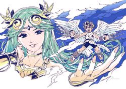 Rule 34 | 1boy, 1girl, angel, angel wings, bracer, brown hair, claw (weapon), collarbone, cropped torso, full body, green hair, kid icarus, kid icarus uprising, nintendo, noguchi toshio, open mouth, palutena, parted lips, pit (kid icarus), sandals, size difference, smile, weapon, wings