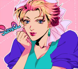Rule 34 | 1girl, bandana, blonde hair, breasts, character name, cleavage, earrings, flower, hair flower, hair ornament, hand on own cheek, hand on own face, jewelry, jojo no kimyou na bouken, looking at viewer, medium breasts, multicolored hair, outline, parted lips, pink background, pink hair, pink lips, portrait, puffy short sleeves, puffy sleeves, red flower, red rose, rose, sanako (tsubakiiro), short sleeves, simple background, smile, solo, suzi q, two-tone hair, upper body, white outline