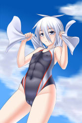 Rule 34 | 1girl, abs, blue eyes, breasts, cameltoe, competition swimsuit, covered erect nipples, highres, meian, myouan, one-piece swimsuit, original, shirakami itsuki, short hair, small breasts, solo, swimsuit, towel, white hair