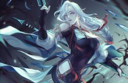 Rule 34 | 1girl, arched back, bare hips, black bodysuit, bodysuit, breasts, bridal gauntlets, clothing cutout, faithom, floating hair, genshin impact, grey eyes, hair between eyes, hair ornament, highres, holding, holding weapon, large breasts, long hair, looking at viewer, parted lips, shenhe (genshin impact), shoulder cutout, silver hair, solo, standing, very long hair, weapon