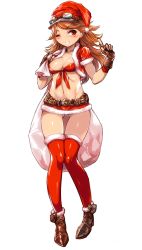 Rule 34 | 10s, 1girl, absurdres, belt, bikini, bikini top only, breasts, brown eyes, brown hair, christmas, cleavage, fingerless gloves, full body, gloves, goggles, goggles on headwear, granblue fantasy, harigane shinshi, hat, highres, long hair, mary (granblue fantasy), microskirt, midriff, navel, sack, santa costume, santa hat, skirt, small breasts, solo, swimsuit, thighhighs, transparent background