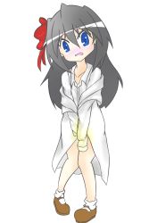 Rule 34 | 1girl, between legs, blue eyes, blush, bow, brown footwear, coat, collarbone, daifuku (daifuku kosiann), embarrassed, female focus, flat chest, full body, grey hair, hair between eyes, hair bow, hand between legs, have to pee, head tilt, highres, knees together feet apart, long hair, long sleeves, looking at viewer, nose blush, open mouth, original, pigeon-toed, red bow, shirt, shoes, sleeves past fingers, sleeves past wrists, socks, solo, standing, tears, transparent background, wet, wet clothes, white coat, white shirt, white socks