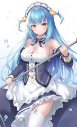 Rule 34 | 1girl, apron, azur lane, black dress, blue hair, clam, clam shell, clothing cutout, corset, cowboy shot, detached sleeves, dress, frilled hairband, frills, gradient background, hair between eyes, hairband, highres, holding, holding weapon, long sleeves, looking at viewer, maid, maid headdress, multicolored ribbon, neptune (azur lane), polearm, red eyes, ribbon, sakuba nao, shell hair ornament, solo, thighhighs, trident, two side up, underboob cutout, waitress, water drop, weapon, white background, white thighhighs