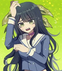 Rule 34 | 1girl, alternate hairstyle, artist name, bell, black hair, blue shirt, blush, bow, bowtie, breasts, chabashira tenko, collar, danganronpa (series), danganronpa v3: killing harmony, gradient background, green background, green eyes, green hairband, hairband, large breasts, long hair, looking at viewer, mikao (eanv5385), mole, mole under mouth, neck bell, open mouth, pink collar, sailor collar, shirt, solo, sweat, teeth, upper body, upper teeth only, watermark, wavy hair, white bow, white bowtie, white sailor collar