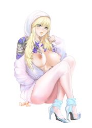 Rule 34 | 1girl, absurdres, ass, blonde hair, blue eyes, blush, breast tattoo, breasts, breasts out, final fantasy, final fantasy xiv, full body, gyaru, hand in pocket, high heels, highres, hood, hooded jacket, jacket, large breasts, licking lips, long hair, looking at viewer, nipples, ooshima ryou, puffy nipples, ryne waters, simple background, sitting, solo, tattoo, thighhighs, tongue, tongue out, white background, white thighhighs