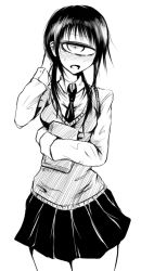 Rule 34 | 1girl, adjusting hair, arm behind head, black hair, black necktie, black skirt, blush, book, breast hold, breasts, collared shirt, cyclops, greyscale, holding, looking at viewer, monochrome, necktie, one-eyed, open mouth, pleated skirt, sangyou haikibutsu (turnamoonright), shirt, sidelocks, simple background, sketch, skirt, solo, vest, white background