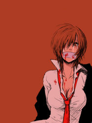 Rule 34 | 1girl, a-ka, bad id, bad pixiv id, bdsm, blood, bondage, bound, breasts, brown eyes, brown hair, cleavage, gag, gagged, improvised gag, large breasts, meiko (vocaloid), necktie, short hair, solo, tape, tape gag, tears, vocaloid