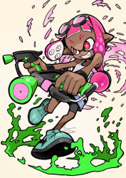 Rule 34 | 1girl, aqua footwear, arrow (symbol), bare shoulders, bike shorts, black shorts, blunt bangs, breasts, bright pupils, collarbone, dark-skinned female, dark skin, dual wielding, eyebrows, eyewear on head, fangs, goggles, grin, holding, inkling, inkling girl, inkling player character, io naomichi, nintendo, paint, pink hair, pointy ears, red eyes, shirt, shoes, short hair, shorts, small breasts, smile, sneakers, solo, splatoon (series), splatoon 2, suction cups, tank top, teeth, tentacle hair, uneven eyes, v-shaped eyebrows, white pupils, white shirt, wristband