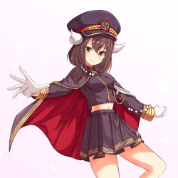 Rule 34 | 1girl, ame., azur lane, black cape, black hat, black shirt, black skirt, blush, breasts, brown eyes, brown hair, cape, closed mouth, commentary request, curled horns, gloves, hair between eyes, hat, highres, horns, long sleeves, midriff, mikasa (azur lane), mikasa (style of the sakura capital) (azur lane), navel, peaked cap, pleated skirt, purple background, red cape, shirt, simple background, skirt, small breasts, smile, solo, white gloves
