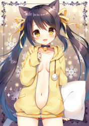Rule 34 | 1girl, :d, animal ear fluff, animal ears, bell, black choker, blush, brown eyes, brown hair, cat ears, cat girl, cat tail, choker, coat, collarbone, commentary request, cowboy shot, hair between eyes, hair ribbon, hand up, head tilt, holding, holding pillow, hood, hood down, hooded jacket, jacket, jingle bell, long hair, long sleeves, mauve, naked coat, navel, neck bell, open clothes, open jacket, open mouth, original, partially unzipped, pillow, pom pom (clothes), ribbon, sleeves past wrists, smile, snowflakes, solo, sparkle, tail, twintails, very long hair, yellow jacket, yellow ribbon