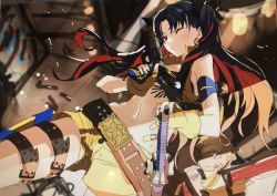 Rule 34 | 2girls, ahoge, alternate costume, arm strap, bandaid, belt, belt buckle, black hair, blonde hair, blurry, blurry background, blush, brown belt, buckle, collared vest, cowboy shot, cropped vest, cursor, dutch angle, earrings, fate/grand order, fate (series), fingernails, gloves, green eyes, gun, hair ribbon, hand cursor, hand on hilt, highres, holding, holding gun, holding weapon, holster, hoop earrings, ishtar (fate), jewelry, light particles, long hair, looking at viewer, multiple girls, navel, one eye closed, open clothes, open vest, parted bangs, red eyes, red hair, ribbon, shade, sheath, sheathed, short shorts, shorts, sketch, space ishtar (second ascension) (fate), stomach, sword, tagme, thigh strap, thighs, tsuuhan, two side up, unfinished, vest, weapon, wind, yellow gloves, yellow shorts, yellow vest