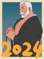 Rule 34 | 1boy, 2024, absurdres, bara, beard, black kimono, cowboy shot, facial hair, from side, full beard, highres, japanese clothes, kimono, large pectorals, looking at viewer, male focus, mature male, menbo hirai, mismatched eyebrows, muscular, muscular male, mustache, new year, old, old man, original, own hands together, pectorals, short hair, smile, solo, standing, thick beard, thick eyebrows, thick mustache, white hair, wrinkled skin