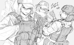 Rule 34 | 3girls, absurdres, ammunition pouch, assault rifle, baseball cap, body armor, braid, bulletproof vest, cigarette, closed eyes, fakuxnxmy, gloves, grey background, greyscale, gun, hand on own chest, hat, helmet, highres, jacket, kalashnikov rifle, long hair, long sleeves, monochrome, multiple girls, original, pouch, rifle, safety glasses, short hair, sidelocks, simple background, smile, smoking, sunglasses, tactical clothes, weapon, weapon request