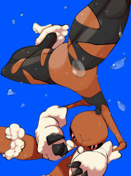 Rule 34 | 1girl, :&lt;, animal feet, animal hands, animal nose, arms up, black pantyhose, black sclera, blue background, body fur, brown fur, chromatic aberration, closed mouth, colored sclera, creatures (company), female focus, flat chest, furry, furry female, game freak, gen 4 pokemon, highres, jumping, looking at viewer, lopunny, mega lopunny, mega pokemon, nintendo, pantyhose, pink eyes, pokemon, pokemon (creature), rabbit ears, rabbit girl, shishio (pixiv 52878460), simple background, solo, sports bra, spread legs, sweat, torn clothes, torn pantyhose, two-tone fur, upside-down, water drop, white fur