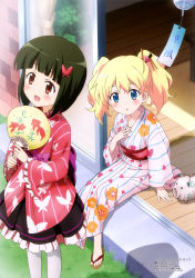 Rule 34 | 10s, 2girls, :d, absurdres, alice cartelet, black hair, blonde hair, blue eyes, feet, frilled skirt, frills, grass, hair ornament, hair stick, hand fan, hand on own chest, highres, japanese clothes, kimono, kimono skirt, kin-iro mosaic, multiple girls, non-web source, official art, oomiya shinobu, open mouth, pantyhose, paper fan, red eyes, sandals, sitting, skirt, smile, standing, twintails, uchiwa, white legwear, wind chime