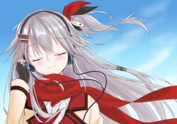 Rule 34 | 1girl, black gloves, black ribbon, blue sky, blush, closed eyes, closed mouth, commentary request, day, eyelashes, facing viewer, fingerless gloves, floating clothes, floating hair, gloves, grey hair, hair between eyes, hair ribbon, hanasaki work spring, hand up, head tilt, headphones, highres, long hair, mkn yu, one side up, outdoors, partial commentary, red ribbon, red scarf, ribbon, scarf, school uniform, shiranui inori, sky, smile, solo, split mouth, star (symbol), star print, upper body, very long hair