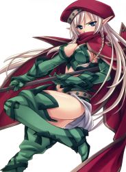 Rule 34 | 1girl, alleyne (queen&#039;s blade), alleyne (queen's blade), armpit peek, beret, blue eyes, boots, braid, breasts, bustier, cape, cleavage, covered mouth, elbow gloves, elf, fighting master alleyne, from side, gloves, green footwear, hat, holding, holding weapon, long hair, looking at viewer, looking to the side, matsuryuu, medium breasts, pointy ears, queen&#039;s blade, red cape, side braid, silver hair, solo, thigh boots, thighhighs, very long hair, weapon