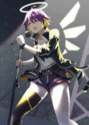 Rule 34 | 1girl, absurdres, belt, black belt, black jacket, black pantyhose, blonde hair, colored inner hair, copyright request, drawn wings, halo, highres, holding, holding microphone stand, jacket, jiliang jiying yumao, long sleeves, medium hair, microphone, microphone stand, multicolored hair, nijisanji, open clothes, open jacket, open mouth, pale skin, pantyhose, purple eyes, purple hair, purple shorts, shirt, short shorts, shorts, single thighhigh, single wing, solo, sweat, thighhighs, virtual youtuber, virtuareal, white shirt, wings, wristband