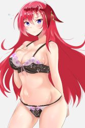Rule 34 | 1girl, arlonn, arm behind back, black bra, black panties, blue eyes, blush, bow, bow bra, bow panties, bra, breasts, cleavage, closed mouth, commentary, cowboy shot, floral print, flying sweatdrops, frown, gluteal fold, godsworn alexiel, granblue fantasy, hand on own chest, headgear, highres, large breasts, long hair, looking at viewer, panties, print bra, print panties, red hair, skindentation, standing, string panties, thighs, underwear, underwear only, very long hair