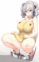 Rule 34 | 10s, 1girl, apron, blue eyes, blush, breasts, chocolate, cleavage, hews, kantai collection, kashima (kancolle), large breasts, long hair, naked apron, open mouth, pee, peeing, silver hair, smile, solo, squatting, twintails, valentine