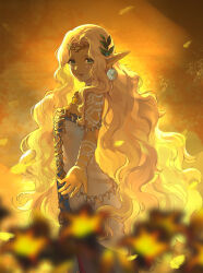 Rule 34 | absurdres, blonde hair, blurry, blurry foreground, blush, bodypaint, cowboy shot, curly hair, diadem, dress, earrings, elf, facial mark, falling leaves, flower, forehead, from side, green eyes, hair flower, hair ornament, highres, jewelry, leaf, long hair, looking at viewer, nintendo, open hand, orange background, parted bangs, parted hair, parted lips, pointy ears, raised eyebrows, reaching, reaching towards viewer, simple background, sleeveless, sleeveless dress, smile, sonia (zelda), the legend of zelda, the legend of zelda: tears of the kingdom, very long hair, white dress, ziyue
