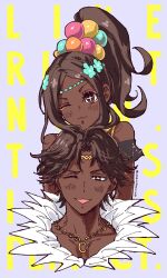 Rule 34 | 1boy, 1girl, :3, bright pupils, brother and sister, brown eyes, circlet, commentary, cropped shoulders, cropped torso, cross-shaped pupils, dark-skinned female, dark-skinned male, dark skin, english commentary, fire emblem, fire emblem engage, fogado (fire emblem), gold necklace, grey background, high ponytail, highres, jewelry, medium hair, necklace, nintendo, one eye closed, open mouth, short hair, siblings, simple background, smile, symbol-shaped pupils, timerra (fire emblem), umi ( oneinchswing), very dark skin, white pupils