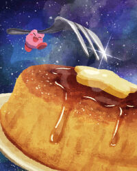 Rule 34 | &gt; &lt;, 1other, blush stickers, butter, closed eyes, commentary, food, food focus, fork, happy, highres, jumping, kirby, kirby (series), lens flare, miclot, night, night sky, nintendo, open mouth, outdoors, oversized food, oversized object, pancake, plate, sky, star (sky), syrup