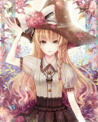 Rule 34 | 1girl, alternate costume, anko kinako, bad id, bad pixiv id, blonde hair, braid, bug, butterfly, female focus, flower, hand on headwear, hat, bug, jewelry, kirisame marisa, long hair, looking at viewer, rose, side braid, solo, touhou, witch, witch hat, yellow eyes