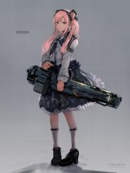 Rule 34 | 1girl, black footwear, black skirt, boots, closed mouth, full body, grey background, gun, hairband, high heel boots, high heels, highres, holding, holding gun, holding weapon, inabi, long sleeves, looking at viewer, original, pink hair, red eyes, skirt, socks, solo, standing, twintails, weapon, white socks