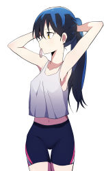 Rule 34 | 1girl, absurdres, adjusting hair, armpits, arms behind head, arms up, bike shorts, black hair, blue hair, breasts, bunching hair, bural chingu, hair between eyes, hair tie, hair tie in mouth, highres, ju hyeon-mi, long hair, looking away, looking to the side, luke (dydansgur), mouth hold, original, ponytail, simple background, solo, tank top, thigh gap, tying hair, white background, yellow eyes